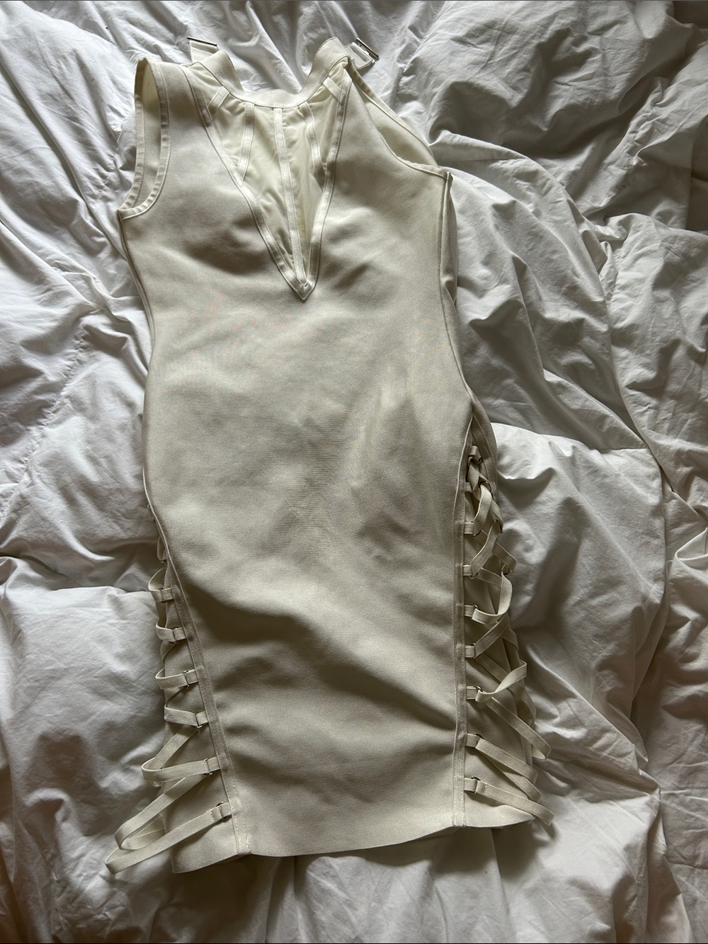 Sleeveless Cream Lace-Up Mini Dress with Plunging V-Neck